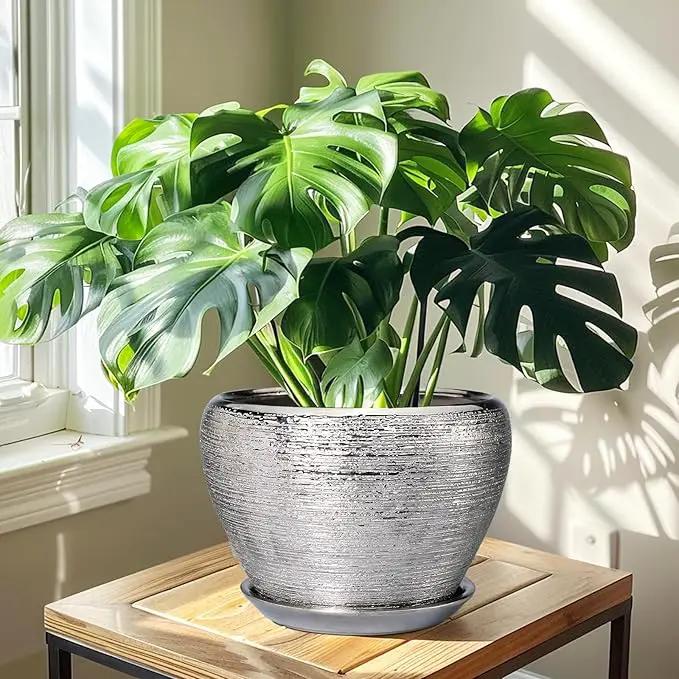 Flower Pot - 10 Inch Planter with Drainage Hole and Saucer - Indoor/Outdoor Decorative Mid-Century Planter - Silver by GreenHaven Gardens