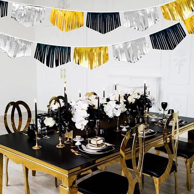 Black Silver Gold Tassel Banner Double Sided Metallic Fabric Pennant Bunting Flag Garland for Graduation Birthday Anniversary Bachelorette Engagement Wedding Bridal Shower Party Decorations Supplies by GreenHaven Gardens