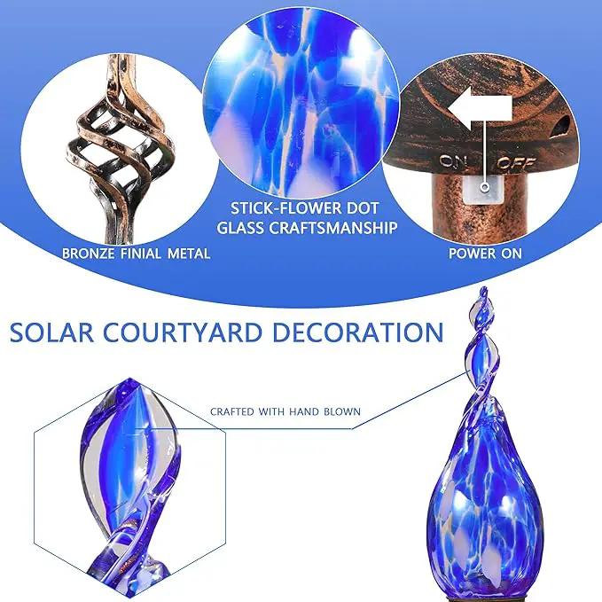 Solar Garden Lights, Decorative LED Flame Garden Stakes, Hand Blown Glass and Outdoor Waterproof Glass Stakes (Dark Blue) by GreenHaven Gardens