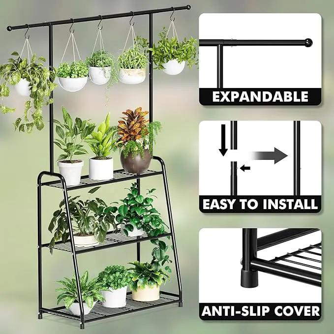 3-Tier Heavy-Duty Metal Plant Stand for Indoor and Outdoor Use, Hanging Plant Shelf for Multiple Flower Planter Holder, Tall Large Rack Ideal for Living Room, Garden, Balcony, Black by GreenHaven Gardens