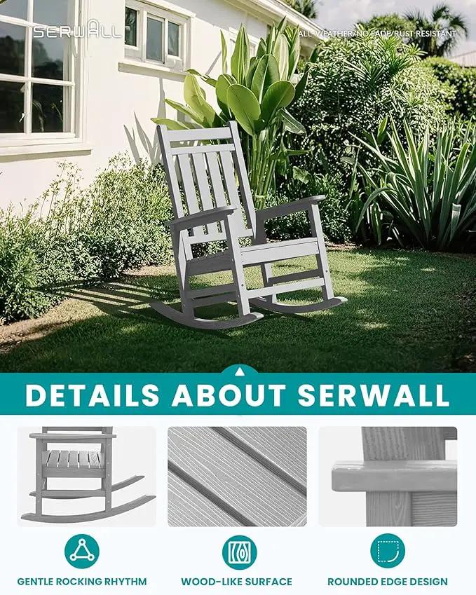 SERWALL Oversized Outdoor Rocking Chair Set of 4, HDPE Rocker for Adults, Patio Rocking Chairs for Porch, Sliver Gray by GreenHaven Gardens