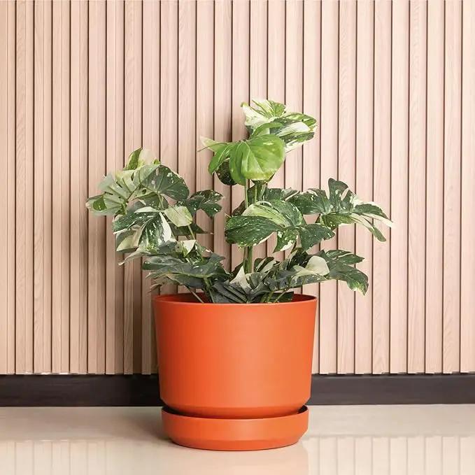 Elly Décor 14 inch Plastic Cylinder Planter Pot with Self-Watering Saucer and Drainage Hole,Lightweight & Extremely Durable, 14"x 14", Terracotta by GreenHaven Gardens