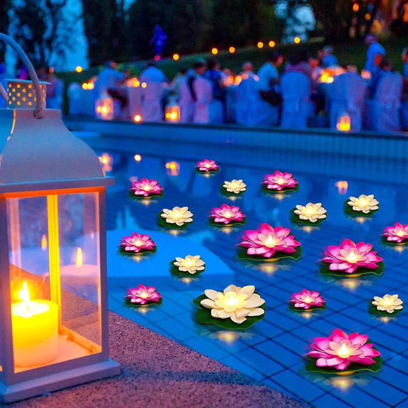 Liliful 24 Pcs Diwali Lotus Decoration Pool Floating Lights, Artificial Flowers Lotus with LED,Lily Pads Water Lantern for Indian Puja Home Decoration(3.94 Inch, 5.91 Inch,White, Pink) by GreenHaven Gardens