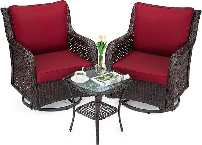 Towallmark Outdoor Swivel Wicker Glider Patio Chairs with Table Set, 3 Pieces Outdoor Bistro Set with 4”Thick Cushions and Coffee Table for Porch, Balcony, Deck (Red) by GreenHaven Gardens