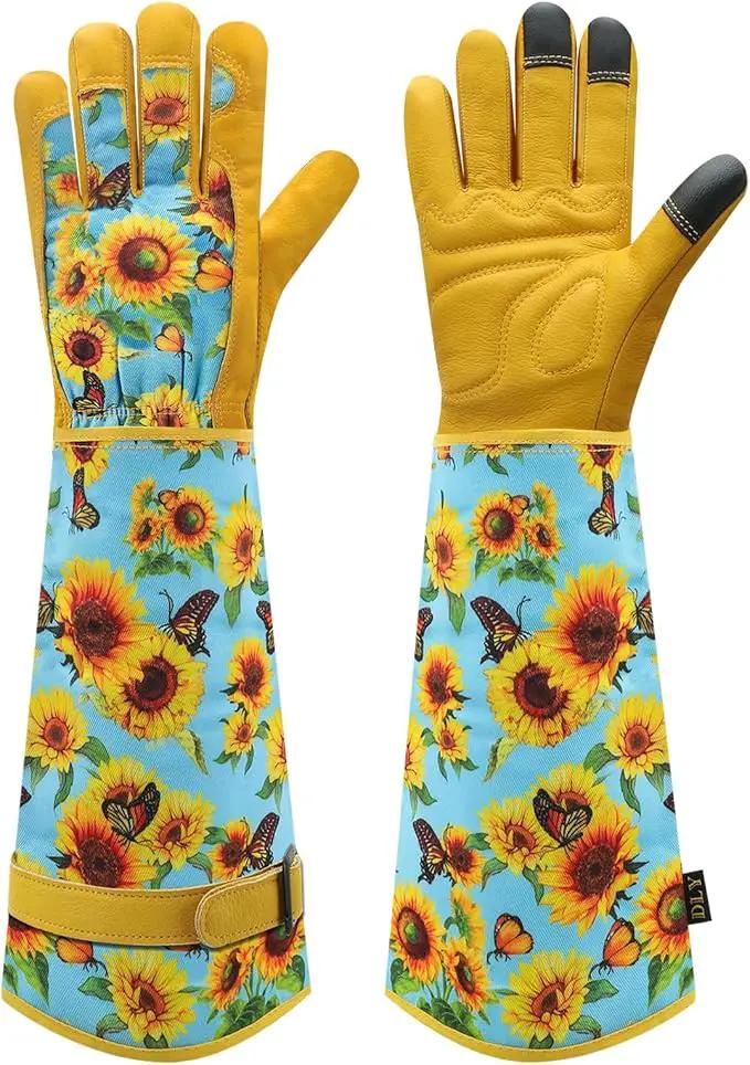 DLY Gardening Gloves for Women, Rose Gloves Gardening Thorn Proof, Long Garden Gloves for Women, Breathable Cowhide Leather Gauntlet (Large, Blue) by GreenHaven Gardens