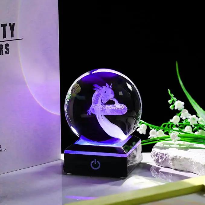 Axolotl Glass Animals Gamer Room Decor - 3D Crystal Ball Night Light Statue, 3.15'' Gamer Gifts for Kids by GreenHaven Gardens