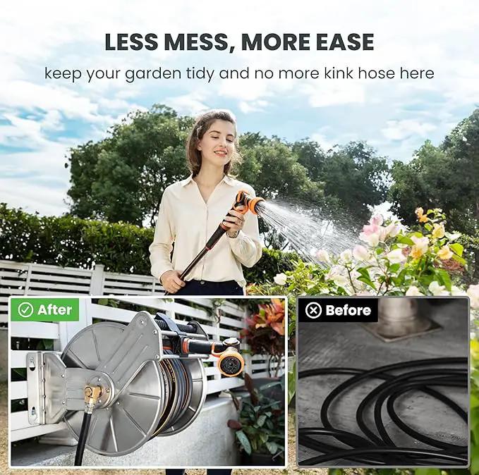 Giraffe Tools Stainless Steel Garden Hose Reel with 5/8" x 100 ft Heavy Duty Hose, Wall/Floor Mounted Metal Water Hose Reel with Crank Handle by GreenHaven Gardens
