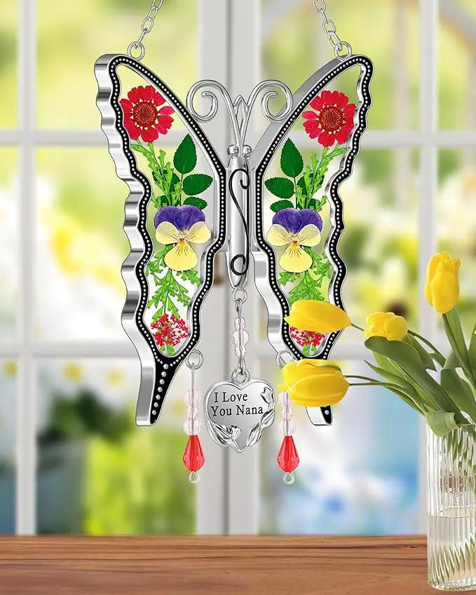 KY&BOSAM Butterfly Suncatcher I Love You Nana Gifts Stain Glass Suncatchers for Window Hanging Wind Chime Pressed Real Flower and Heart Charm Birthday Gift for Nana Mother`s Day Valentine`s Christmas by GreenHaven Gardens