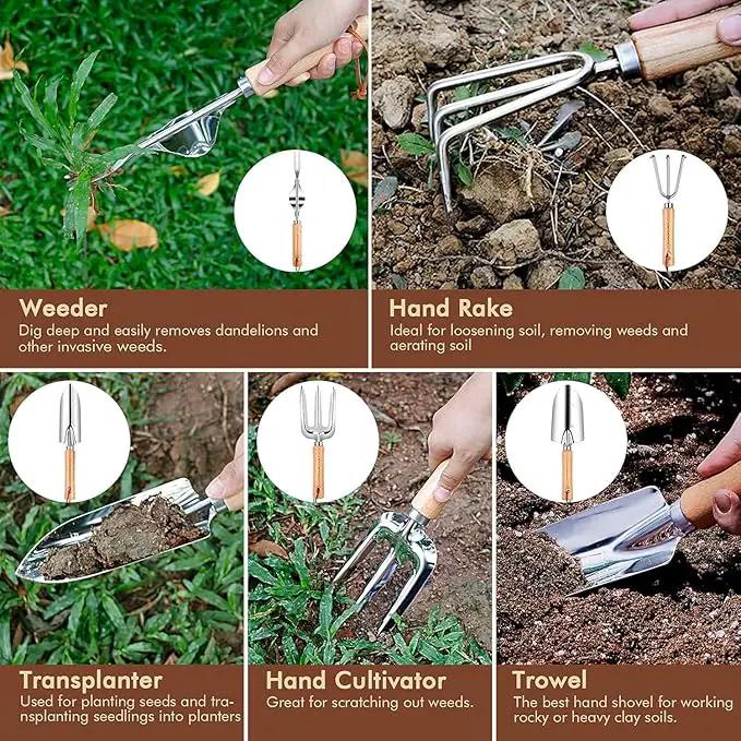 YAUNGEL Gardening Tools - 10 Pcs Garden Tool Set Heavy Duty Stainless Steel Garden Supplies Hand Tools with Wooden Handle, Storage Tote Bag, Gardening Gifts for Women and Men by GreenHaven Gardens