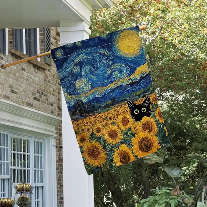 BLKWHT Summer Sunflower Cat House Flag 28x40 Vertical Double Sided Blue Sky Welcome Farmhouse Holiday Outside Decorations Burlap Yard Flag BW822-40 by GreenHaven Gardens