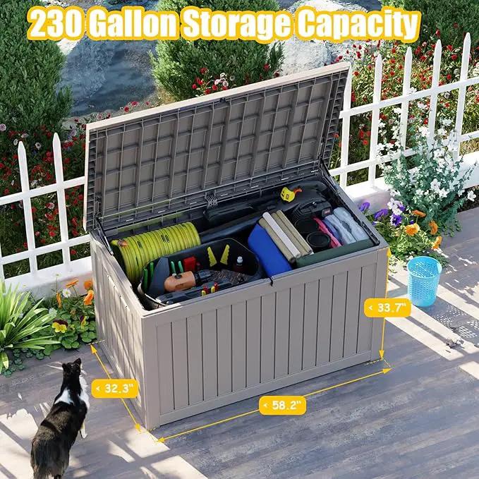 XXL 230 Gallon Large Resin Deck Box, Lockable Outdoor Storage Box for Patio Cushions Storage Furniture,Garden Tools, Pool Supplies, Weatherproof and UV Resistant- Grey (230 Gallon) by GreenHaven Gardens