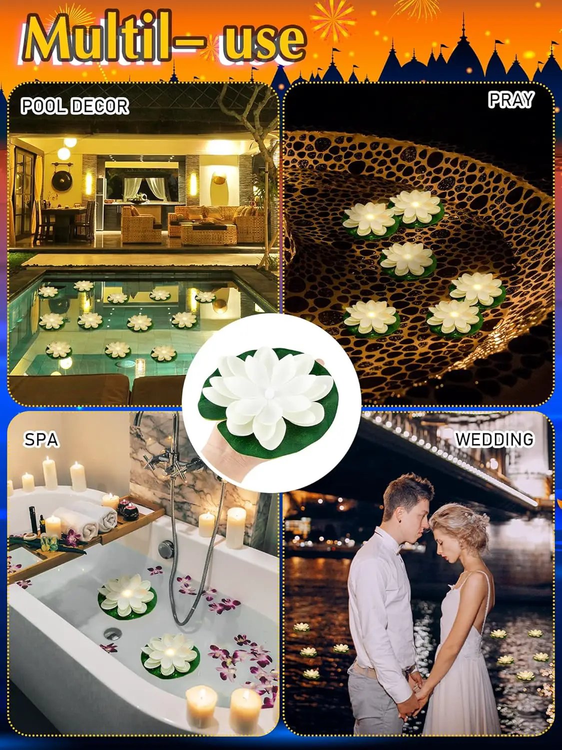 Hortsun 12 Pcs Floating Lotus Lights with Batteries Lily Pads Pool Flowers Diwali Pooja Decorations Floating Candles Decor for Pool Pond Outdoor Indoor(5.91 Inch,White) by GreenHaven Gardens