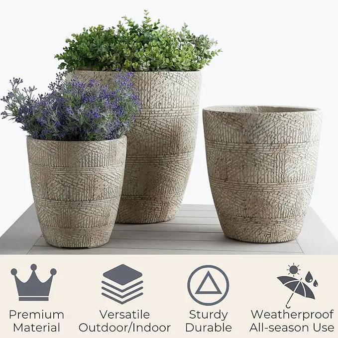 17.7"+13.8"+9.8" Dia Round Concrete Planter Set of 3, Large Indoor Outdoor Planter, Flower Pots with Drainage Holes and Sealing Plug for Garden, Patio, Home, Office Weathered Concrete Gray by GreenHaven Gardens