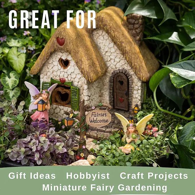 Fairy Garden House Kit – Complete with Accessories, House 7” High with Door That Opens & Fairies for Outdoor Gardens – 4 Pieces by GreenHaven Gardens