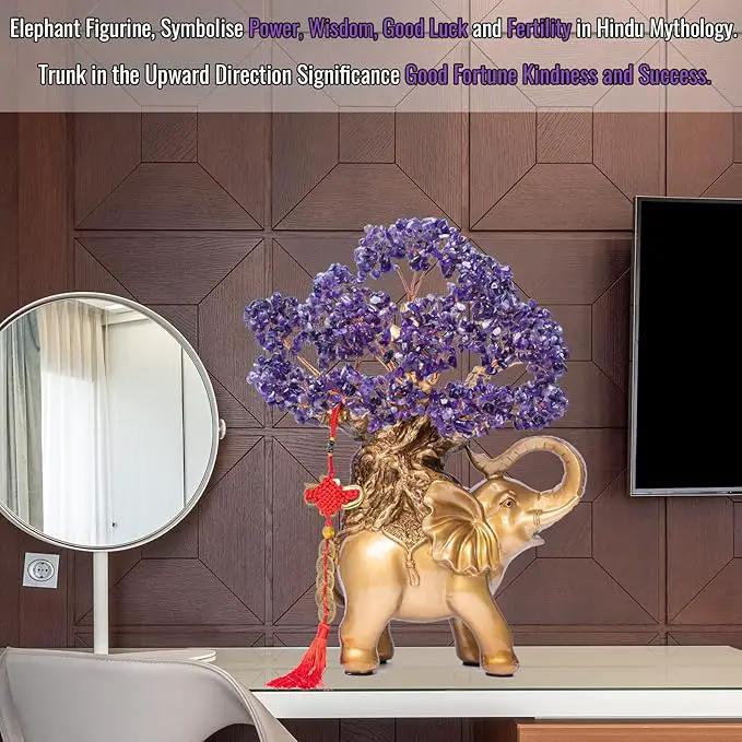 Amethyst Crystal Money Tree on Gold Elephant Statue, 17”Large Gemstone Bonsai Tree of Life Home Décor Gifts for Wealth Positive Energy, Feng Shui Décor by GreenHaven Gardens