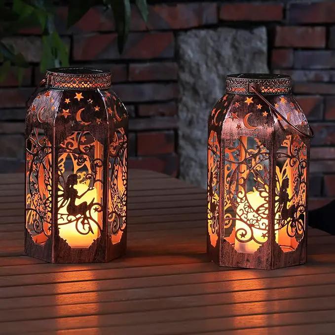 Solar Lanterns Outdoor Garden Hanging Lantern Waterproof LED Metal Bronze Moon Fairy Lantern Waterproof Flickering Flameless Candle Mission Lights for Table,Patio,Mother's Day Gift(2Pack) by GreenHaven Gardens