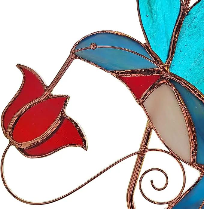Stained Glass Window Plant Hanger - Hummingbird with Red Flower - Sun Catcher Plant Hook with Copper Hooks Top and Bottom for Indoor and Outdoor Use by GreenHaven Gardens