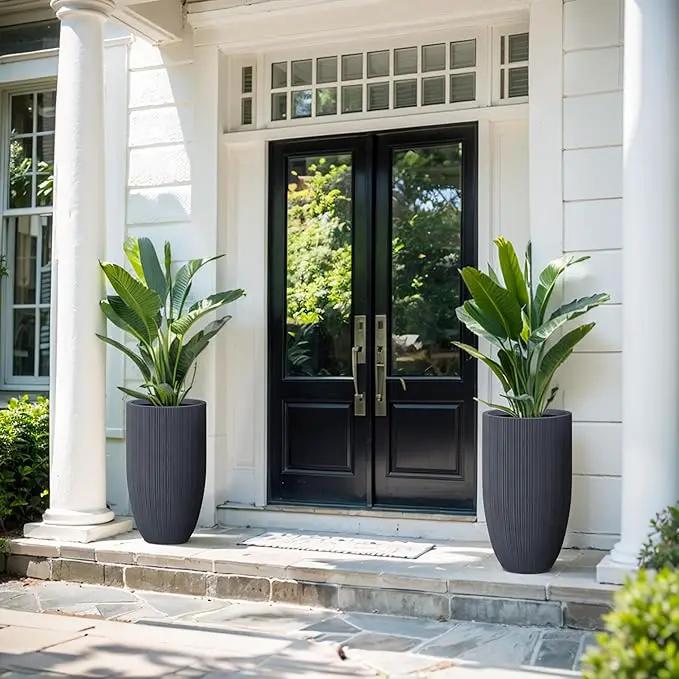 Kante 24 Inch Tall Round Concrete Planter, Large Indoor Outdoor Plant Pots with Drainage Hole and Rubber Plug, Modern Decorative Garden Pots for Home Patio Porch, Textured Charcoal by GreenHaven Gardens