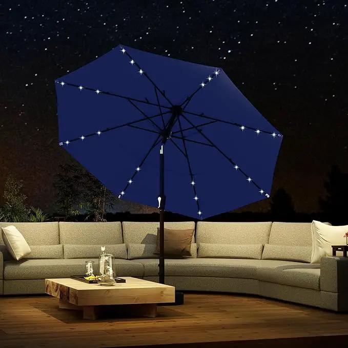 Kingdura 10ft 3-Tier Patio Umbrella with Solar Lights, Table Umbrella Outdoor Patio with Easy Crank & Tilt, 8 Sturdy Ribs, UV Protection, 32 LED Lights for Deck, Poolside, Market (Navy blue) by GreenHaven Gardens