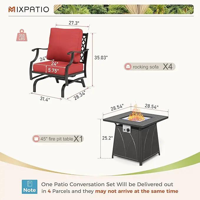 Patio Furniture Set with Fire Pit Table, 5 Pcs Metal Outdoor Conversation Set, 4 Rocking Chairs with 5.75" Extra Thick Cushion and 28" Fire Pit Table for Backyard Deck, Red by GreenHaven Gardens