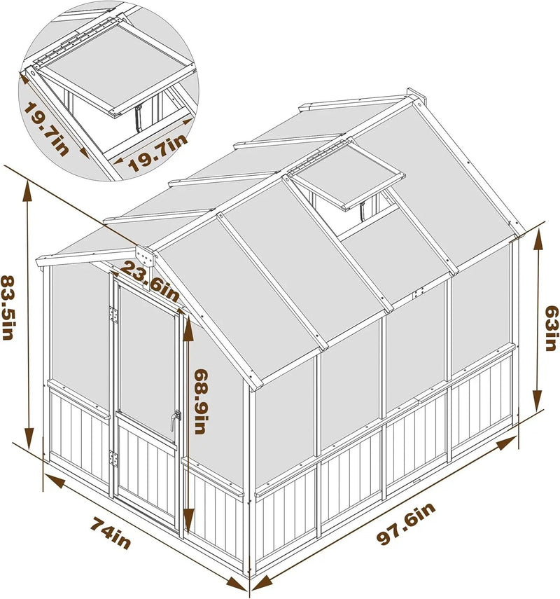 Mupater 6 x 8 FT Wooden Polycarbonate Greenhouse with Ventilated Window and Lockable Door, 6mm PC Panels for UV Protection, Walk-in Greenhouse Kit for Outdoor, Garden and Backyard, Brown by GreenHaven Gardens