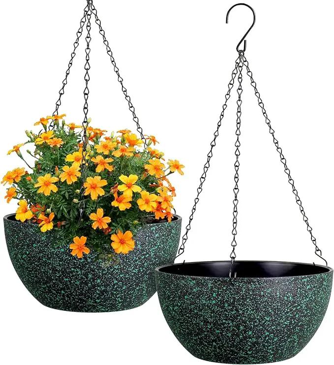 12 inch Large Hanging Planters for Indoor Outdoor Plants, 2 Pack Hanging Flower Pots with Drainage Holes and Chain, Plastic Hanging Baskets for House Plants, Black with Green Speckles by GreenHaven Gardens