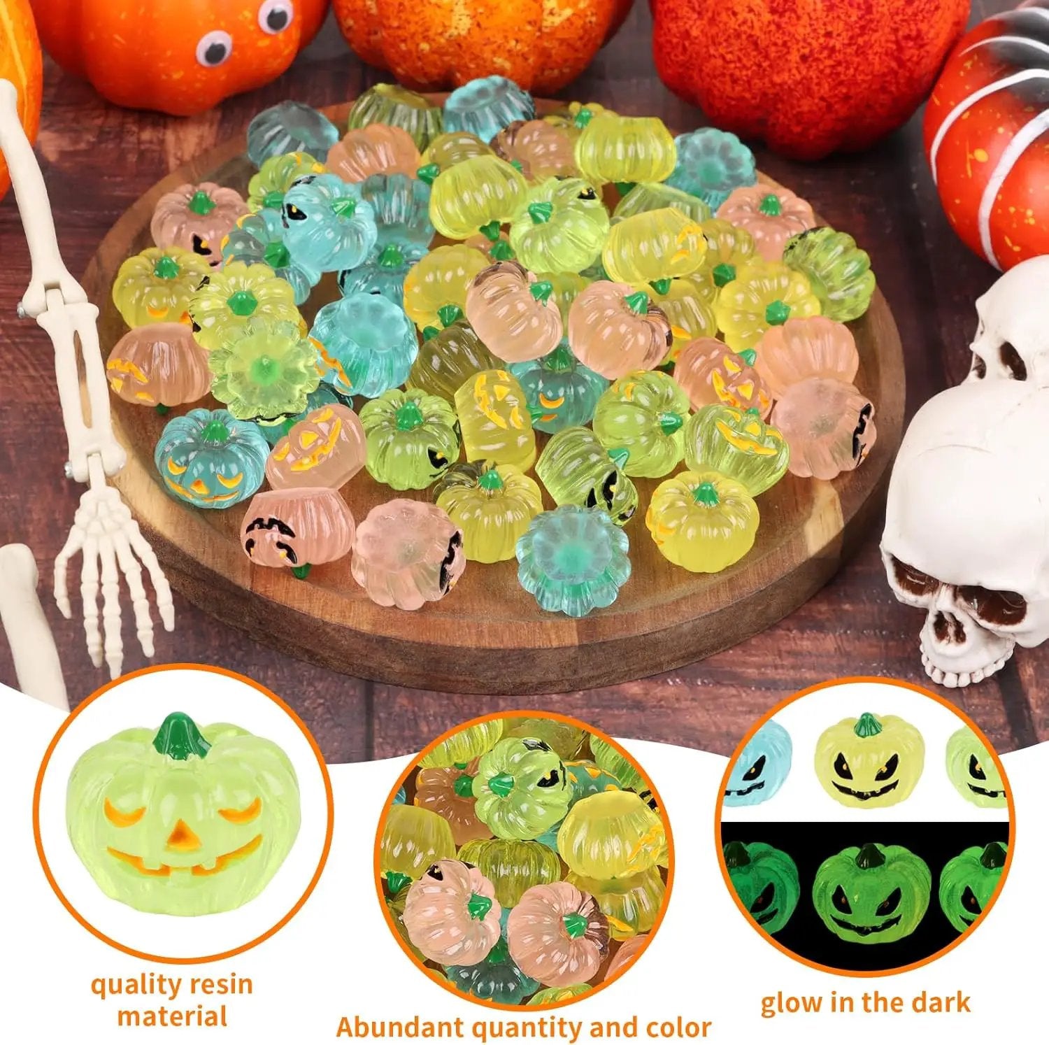 STEFORD 56 Pcs Luminous Resin Pumpkins, Halloween Miniature Figurines Glow in The Dark Mini Tiny Plastic Fake Pumpkin Bulk for Decorating Outside Outdoor DIY Crafts Home Fairy Garden Dollhouse Decor by GreenHaven Gardens