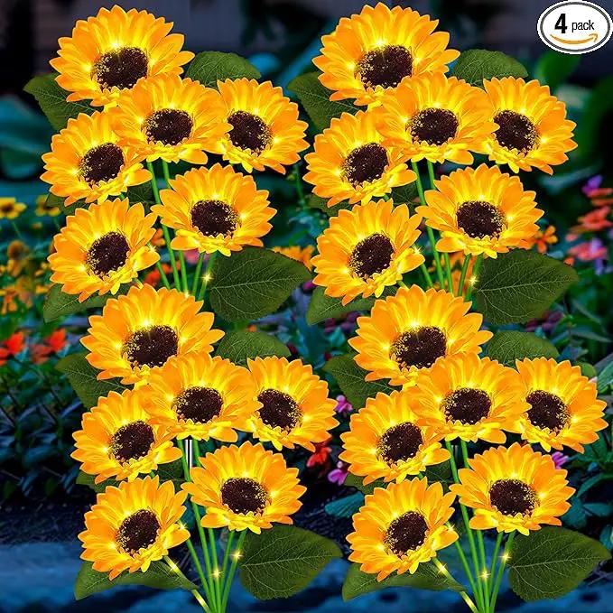 4 Pack Solar Sunflower Garden Lights 24 Vibrant Sunflowers LED Outdoor Decorative Stake Lights for Yard, Patio, Lawn, Pathway, IP65 Waterproof, Gardening Gift for Mom, Grandma, and Friends by GreenHaven Gardens