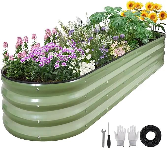 Galvanized Raised Garden Bed - 8×2×1ft Planter Raised Beds for Gardening | Oval Metal Garden Planter Box with Safety Edging and Bracing Rods for Vegetables Fruits and Flowers Oliver Green by GreenHaven Gardens