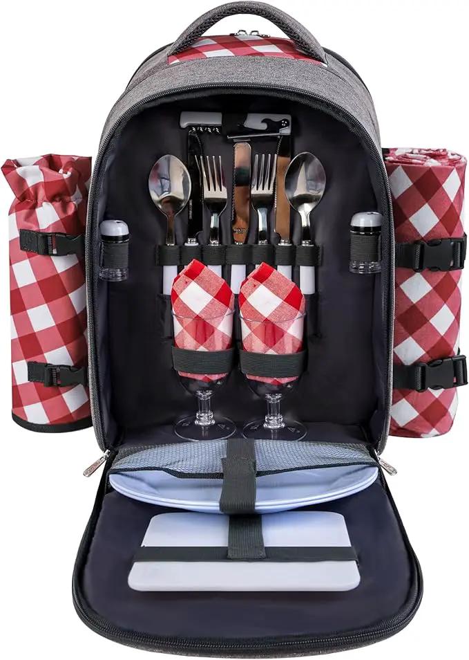 apollo walker Picnic Backpack Bag with Cooler Compartment, Detachable Bottle/Wine Holder, Fleece Blanket, Plates and Cutlery Set (2 Person, Gray) by GreenHaven Gardens