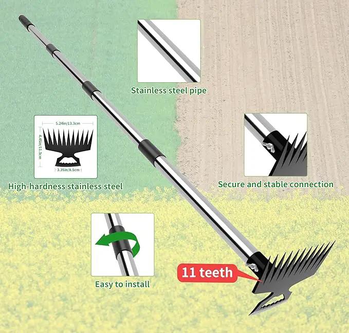 Weeding Puller Tool with Long Handle, 11 Tooth Manual Weed Rake Weeder Remover Tool Gardening with Gloves, Dandelion Gardenia Uprooting Tool for Yard, Lawn, Patio and Garden by GreenHaven Gardens