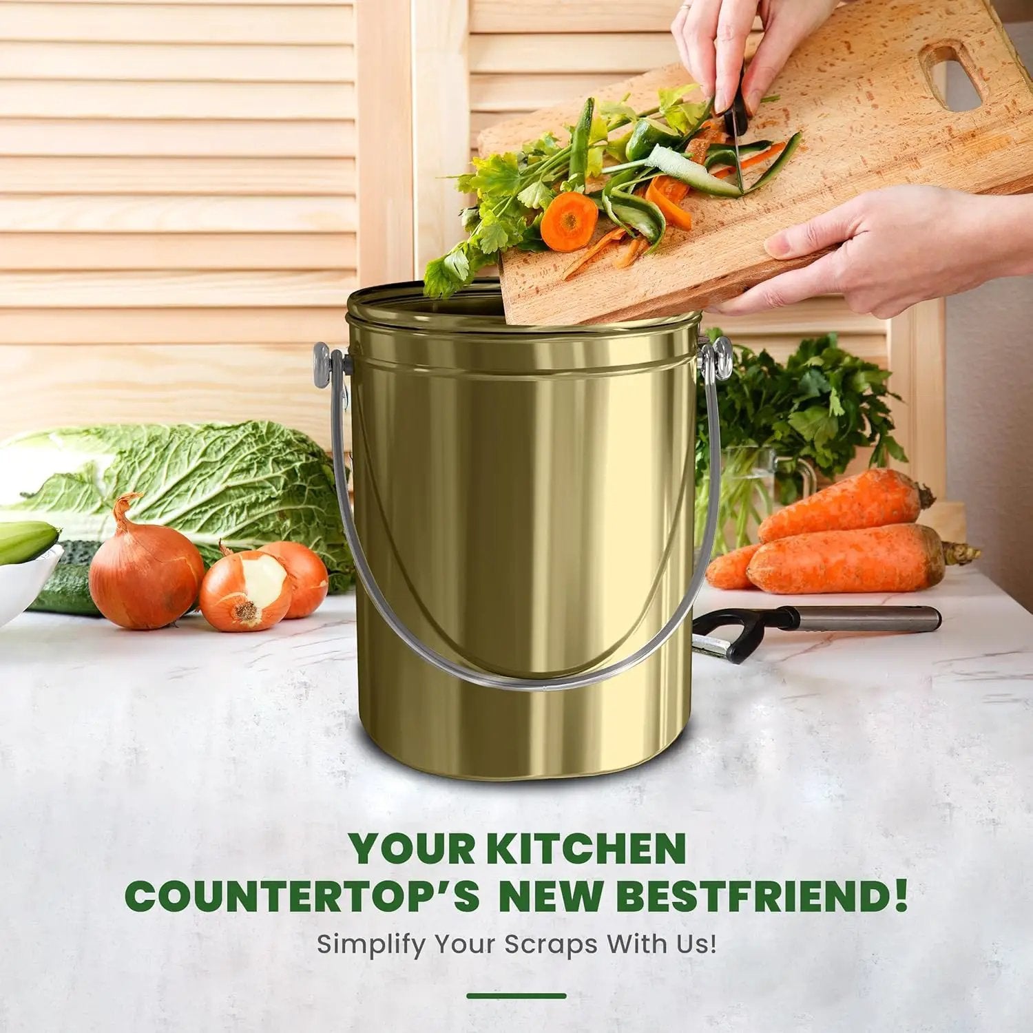 Utopia Kitchen Compost Bin for Kitchen Countertop - 1.3 Gallon Compost Bucket for Kitchen with Lid - Includes 1 Spare Charcoal Filter (Gold) by GreenHaven Gardens