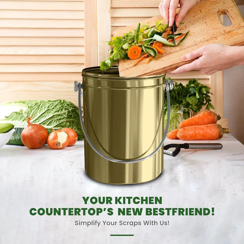 Utopia Kitchen Compost Bin for Kitchen Countertop - 1.3 Gallon Compost Bucket for Kitchen with Lid - Includes 1 Spare Charcoal Filter (Gold) by GreenHaven Gardens