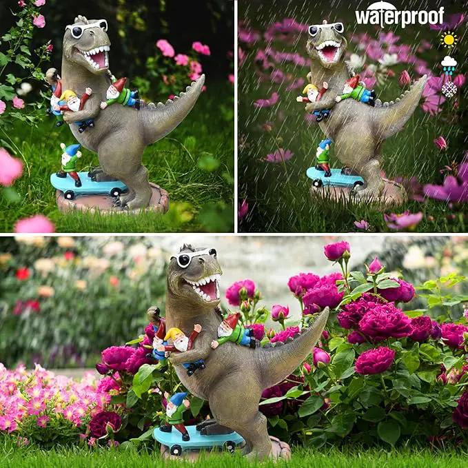 Garden Statue Outdoor Decoration, Cool Dinosaur Play Skateboard with Gnomes Figurines, Indoor Outdoor Decor Art for Patio Lawn Yard, Housewarming Garden Gift… by GreenHaven Gardens