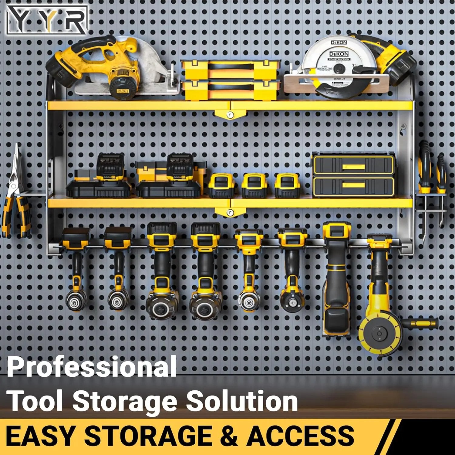 YYR Power Tool Organizer Wall Mount, Cordless Drill and Battery Holder, Electric Tools Hanger Storage Rack with Charging Station, Garage Organization Floating Shelf - Made of Heavy Duty Metal, Yellow by GreenHaven Gardens