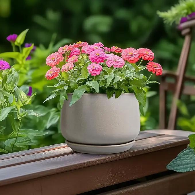 G EPGardening Ceramic Plant Pots - Round 6 Inch Modern Planter with Drainage and Plant Saucer Indoor Outdoor for Flower, Garden Decor, Gifts for Home, Retro Gray by GreenHaven Gardens