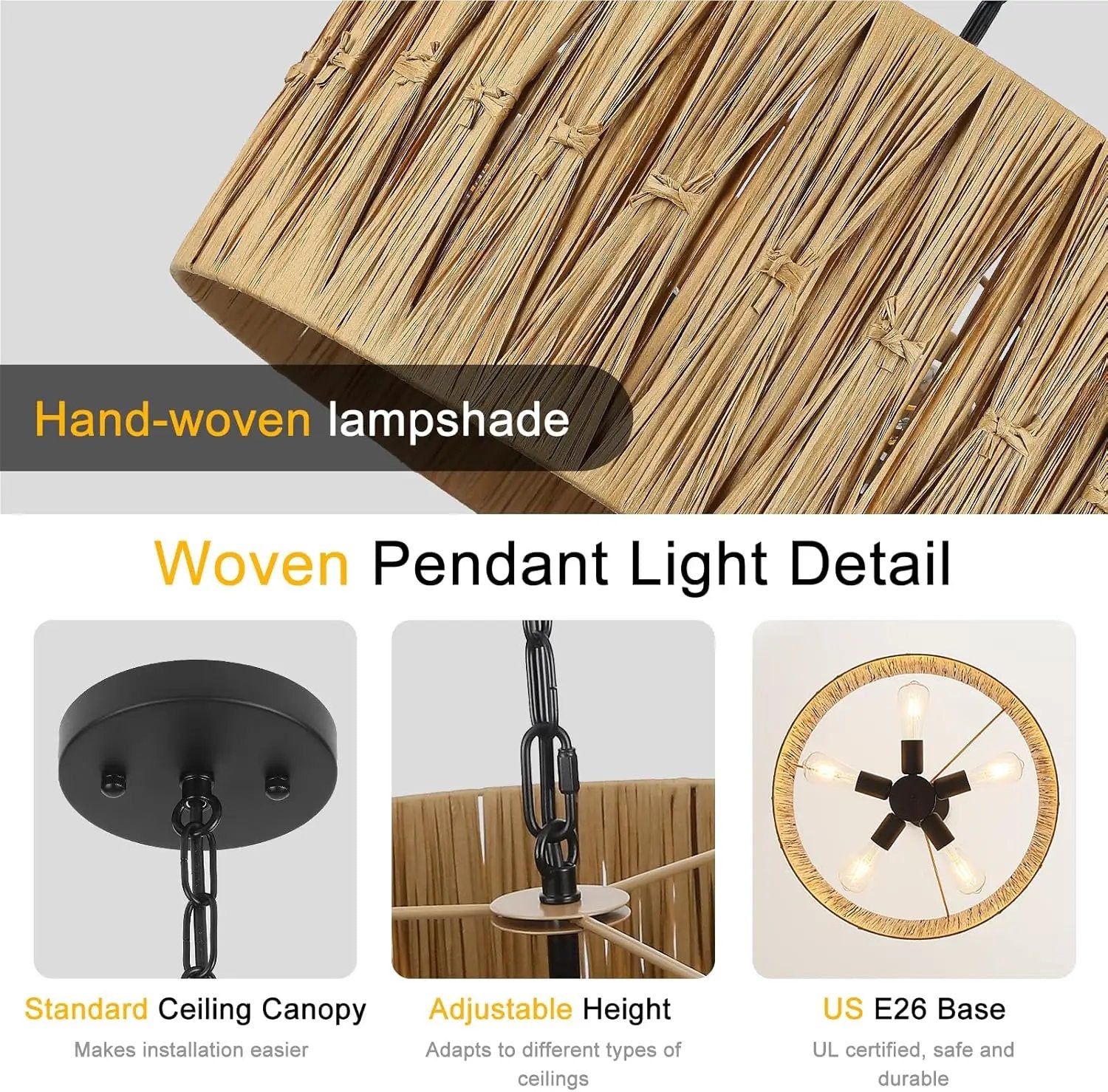 5-Light Boho Chandelier Light Fixture, 18.5" Large Raffia Drum Chandelier Hand Woven Coastal Pendant Light for Dining Room Kitchen Entryway Foyer Bedroom by GreenHaven Gardens