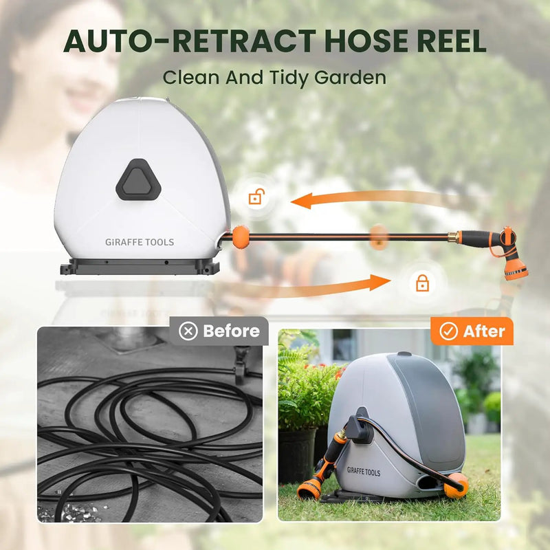 Giraffe Tools Retractable Hose Reel with 1/2 Inch x 100FT, Heavy Duty Ground Mount Garden Hose Reel, Automatic Rewind,with 9-Function Sprayer Nozzle & Flexible Swivel Base by GreenHaven Gardens