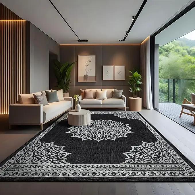 CAMILSON Indoor Outdoor Rug, 10x14 Medallion Black White Modern Area Rugs for Large Indoor and Outdoor Patios, Kitchen and Hallway Mats, Washable Porch Deck Outside Carpet (Medallion Black, 10 x 14) by GreenHaven Gardens