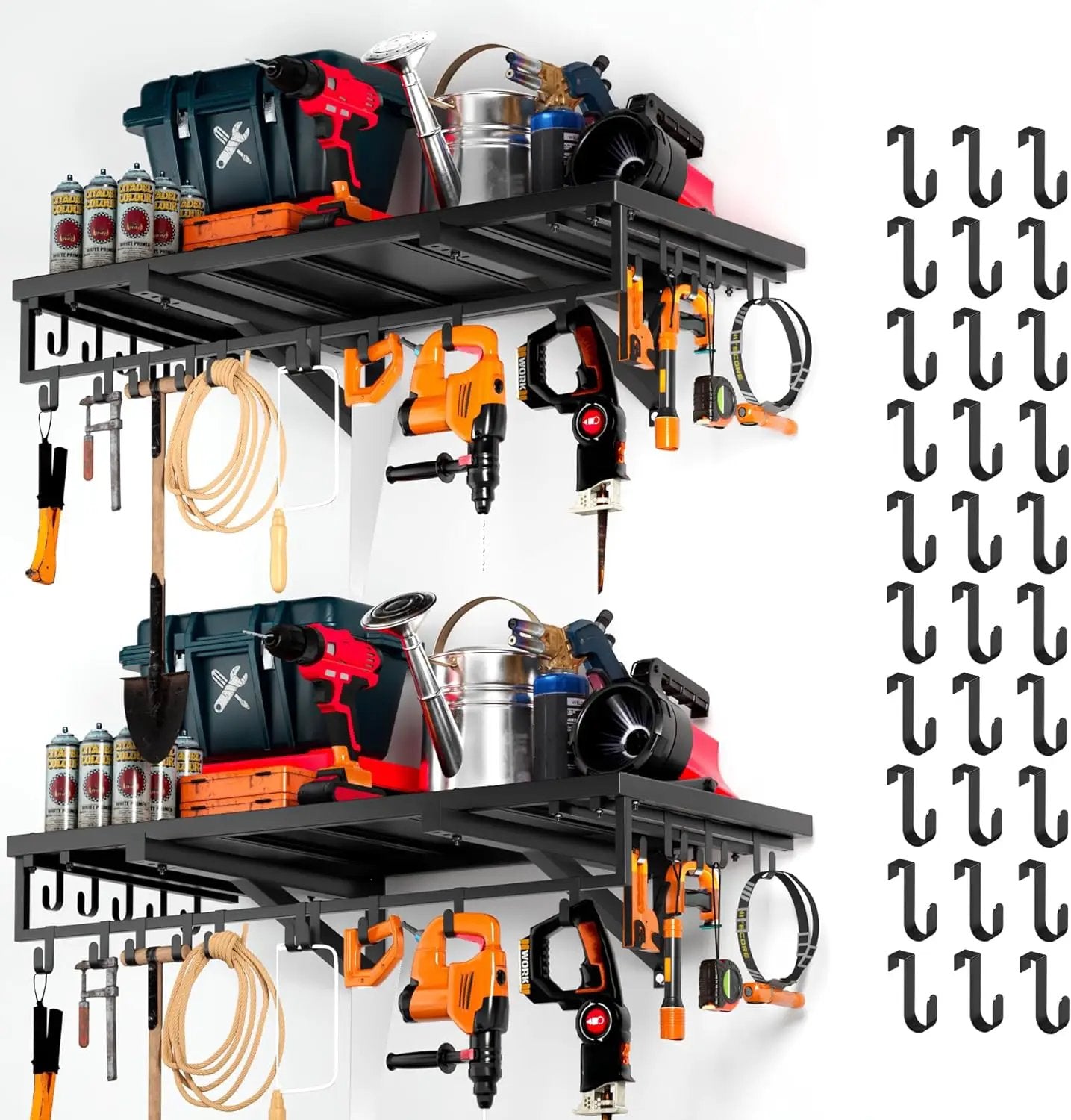 2pcs Garage Wall Shelving - 42in Extra Large Heavy Duty Floating Shelves with 30 Hooks, Load Capacity 1102 Lbs, Hanging Garage Storage Rack, Tool Hanger Organizer Utility Rack, For Home, Workshop by GreenHaven Gardens