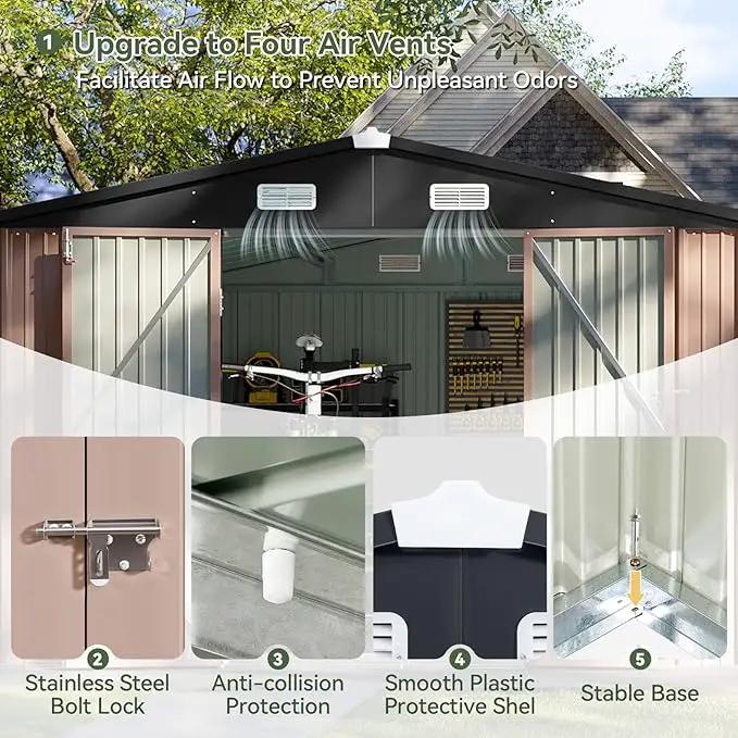 Aoxun 10x10 FT Outdoor Storage Shed Garden Metal Shed with Lockable Door Outdoor Large Shed for Tool, Garbage Can, Bike, Mower, Brown by GreenHaven Gardens