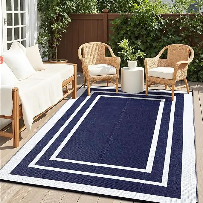 OLANLY Outdoor Rug 9x12 ft Waterproof, Reversible Outdoor Plastic Straw Rug, RV Mat, Indoor Outdoor Carpet Clearance for Patio, Camping, Balcony, Deck, Backyard, Navy & White by GreenHaven Gardens