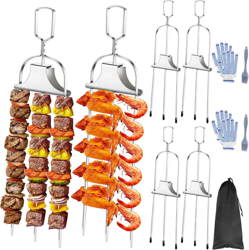 6PCS Kabob Skewers for Grilling, 14'' Stainless Steel 3-prong Metal Kebab Grill Skewers with Push Bar Slider, Skewer Sticks for Meat Veggies Shrimp Marshmallows Fruits, BBQ Barbecue Accessories by GreenHaven Gardens