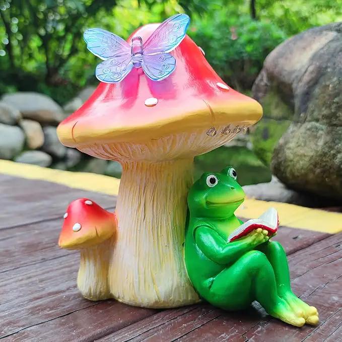 Solar Frog Mushroom Garden Statues,Resin Frog Mushroom Reading a Book Figurine with LED Solar Lights, Lawn Decor Outdoor Statue for Patio,Balcony,Yard,Lawn Ornament by GreenHaven Gardens