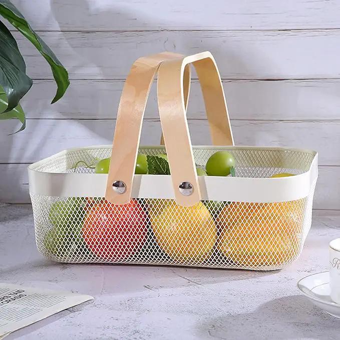 Metal Mesh Steel Basket, Storage Organizer Basket Garden Harvest Basket Multi-functional Kitchen Fruit Baskets Bin with Wooden Handle for Bathroom Picnic Shopping Decor Cabinet Home, White by GreenHaven Gardens