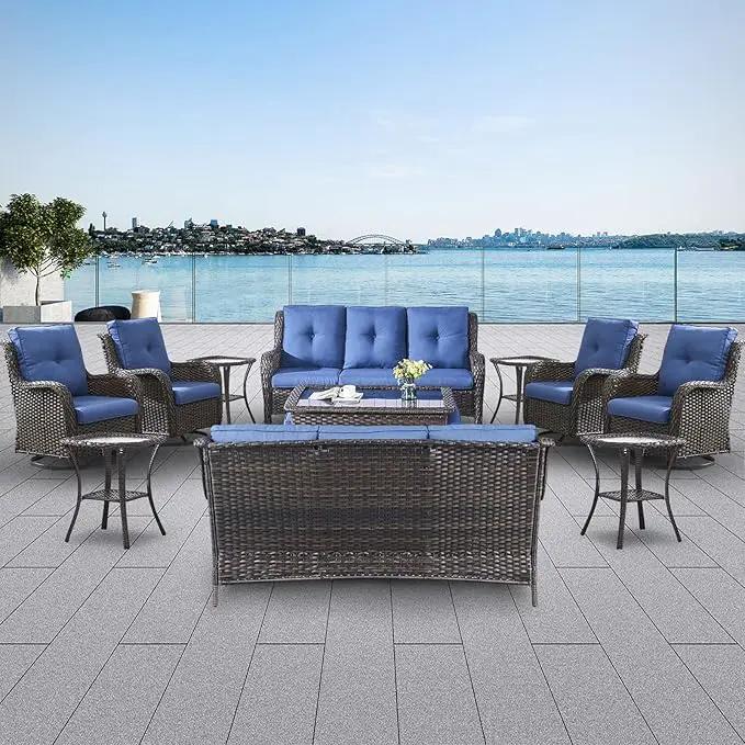 Wicker Patio Furniture Sets - 13 Piece Outdoor Rattan Furniture Conversation Sets with 4 Swivel Rocker Chairs, 2 Rattan Sofas, Wicker Ottomans and Coffee Table, Brown/Blue by GreenHaven Gardens