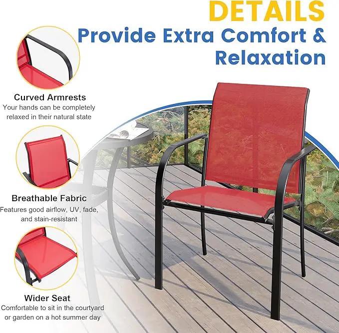 VICLLAX Patio Dining Set for 4, Outdoor Furniture Set Includes 1 Square Patio Table and 4 Stacking Patio Sling Chairs, Black Tabletop and Red Fabric by GreenHaven Gardens