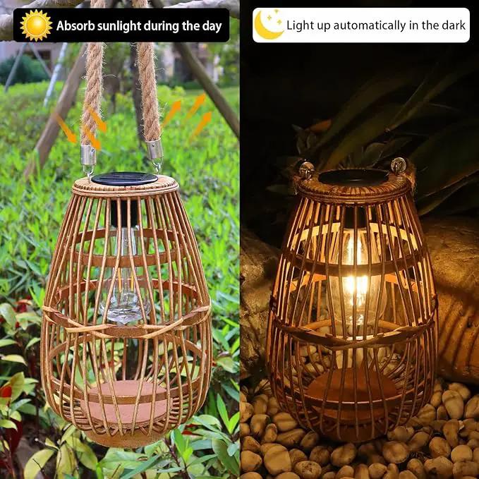 Outdoor Solar Lantern Hanging Lights - Natural Rattan Solar Lantern with Handle, Large Waterproof Led Decorative Garden Lights, Bright Rattan Solar Table Lamp for Yard Patio Wedding Home Decoration by GreenHaven Gardens