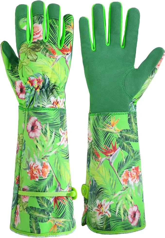 HANDLANDY Women Gardening Gloves, Thorn Proof Breathable Ladies Rose Pruning Long Gauntlet Floral Print Garden Yard Gloves, Gift for Gardeners (Green, L) by GreenHaven Gardens