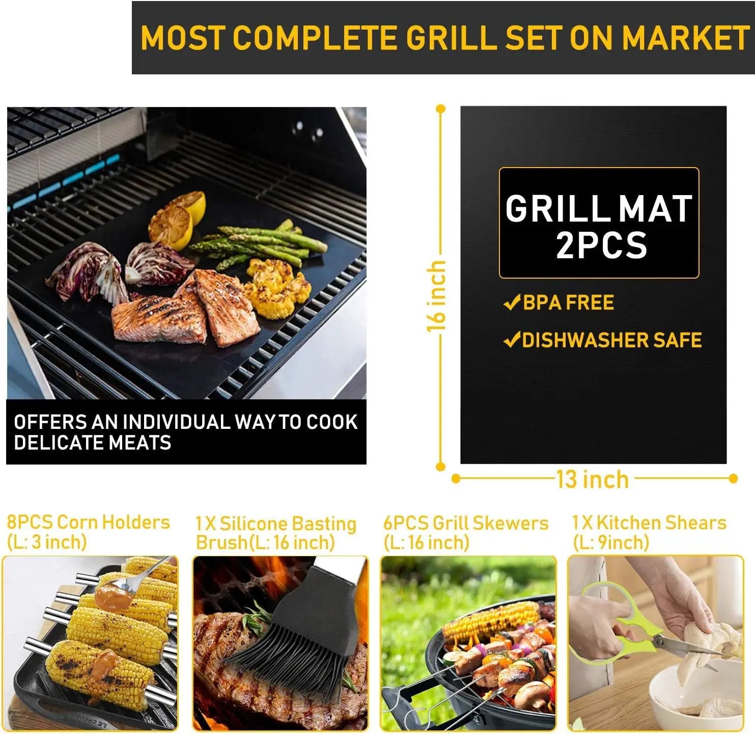34Pcs Grill Accessories Grilling Gifts for Men, 16 Inches Heavy Duty BBQ Accessories, Stainless Steel BBQ Tools with Thermometer, Grill Mats for Backyard, BBQ Set for Men Women by GreenHaven Gardens